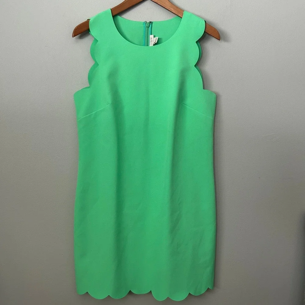 J.Crew Dress Womens 10 Bright‎ Green Scalloped Sleeveless Shift Midi Stretch
